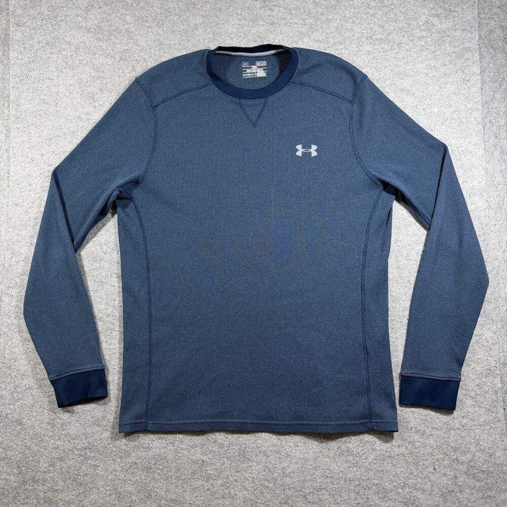 Under Armour ColdGear Thermal Shirt Mens M Navy Waffle Knit Crew Neck Loose